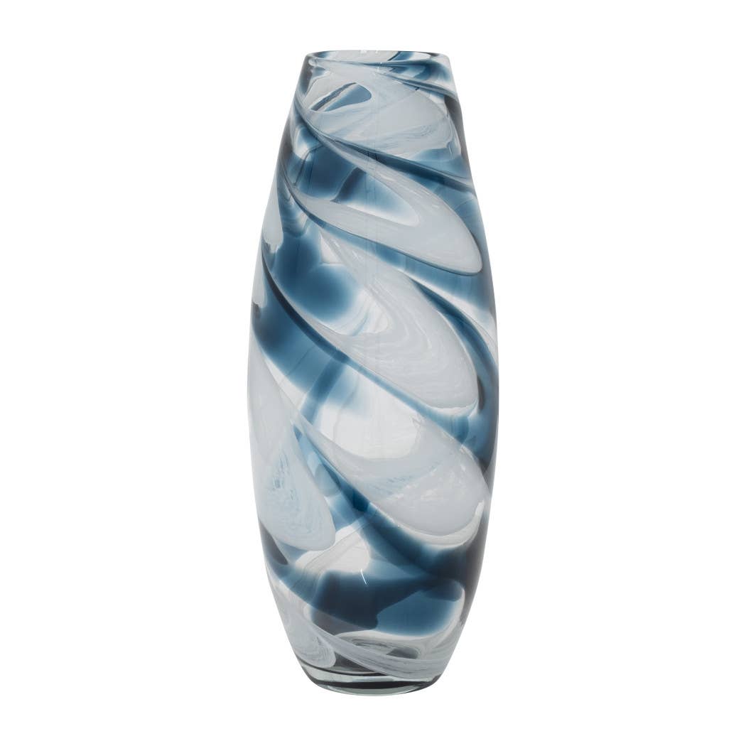 Glass Hand Blown Coastal Swirl Vase - Blue, 17 in.