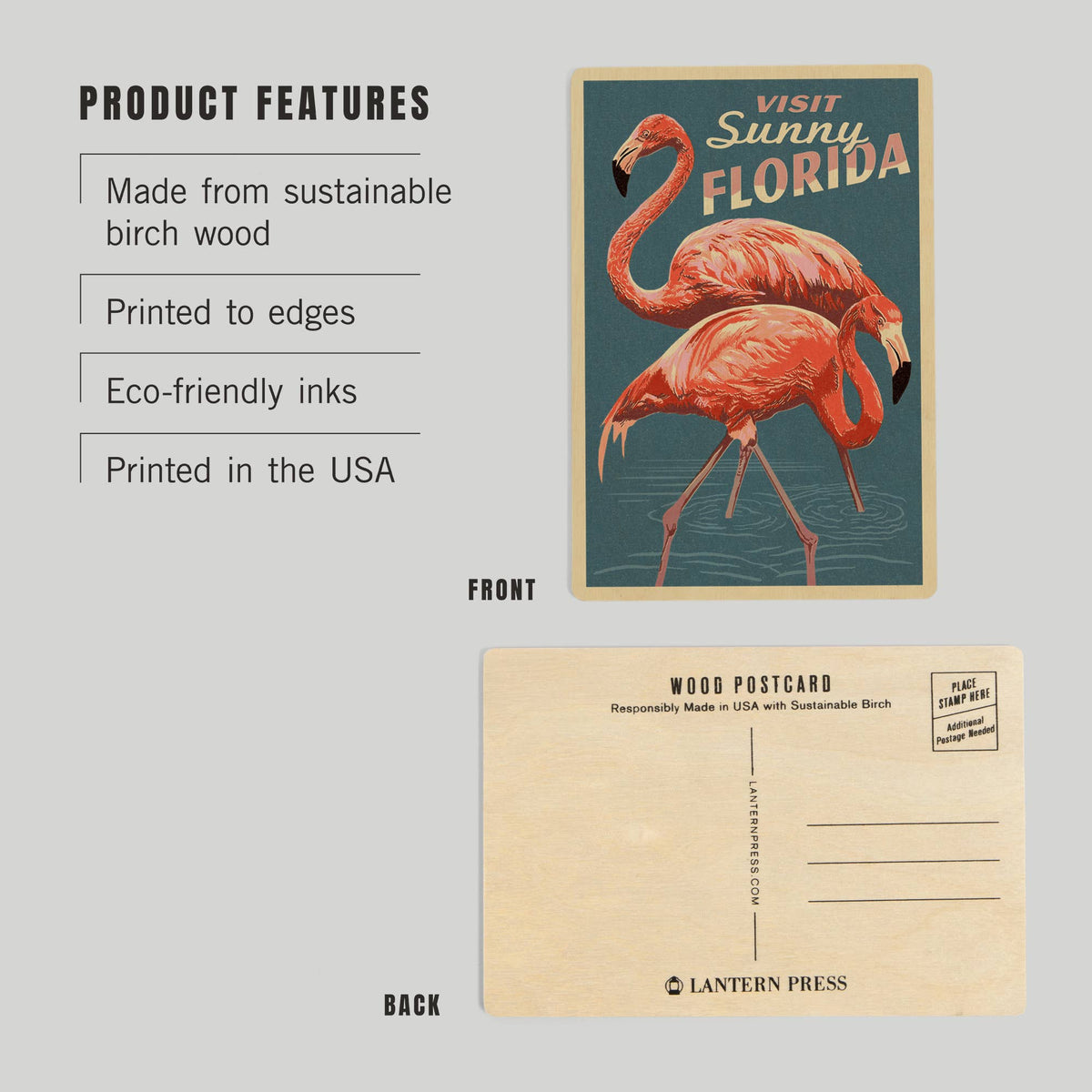 WOOD POSTCARD Visit Sunny Florida, Flamingo