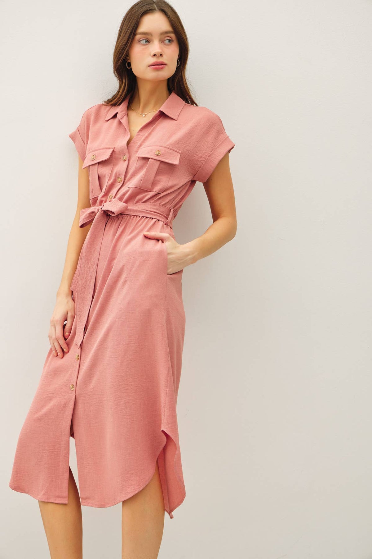 BUTTON UP SHORT SLEEVE MIDI DRESS W TIE