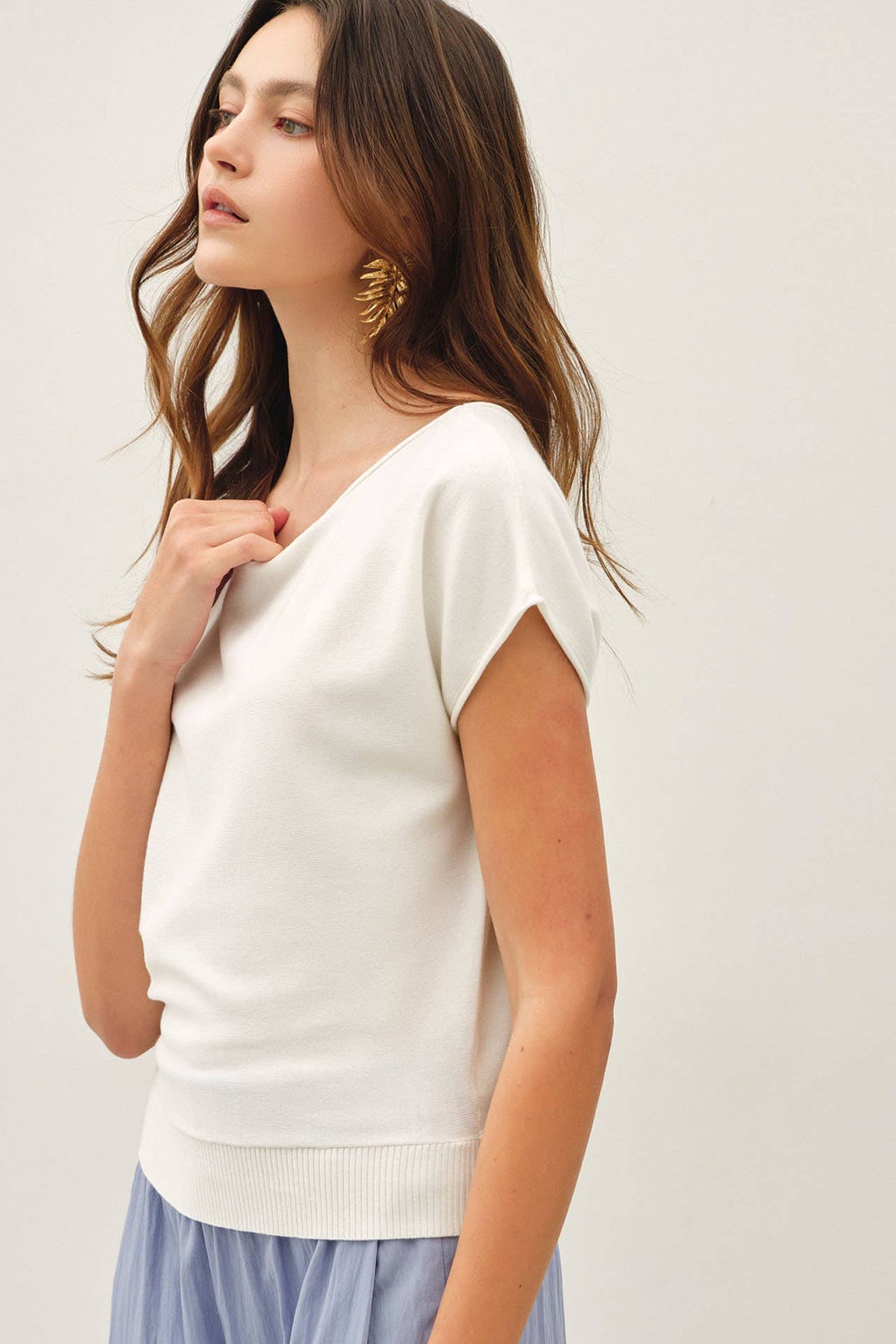 BOAT NECK CAP SLEEVE FINE SWEATER TOP