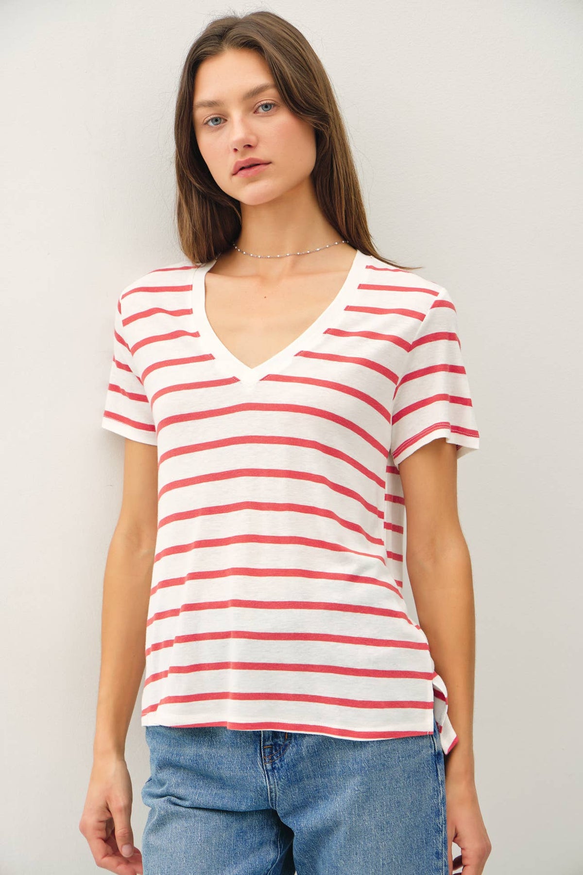 COTTON LINEN BLEND RELAXED FIT STRIPED T-SHIRT