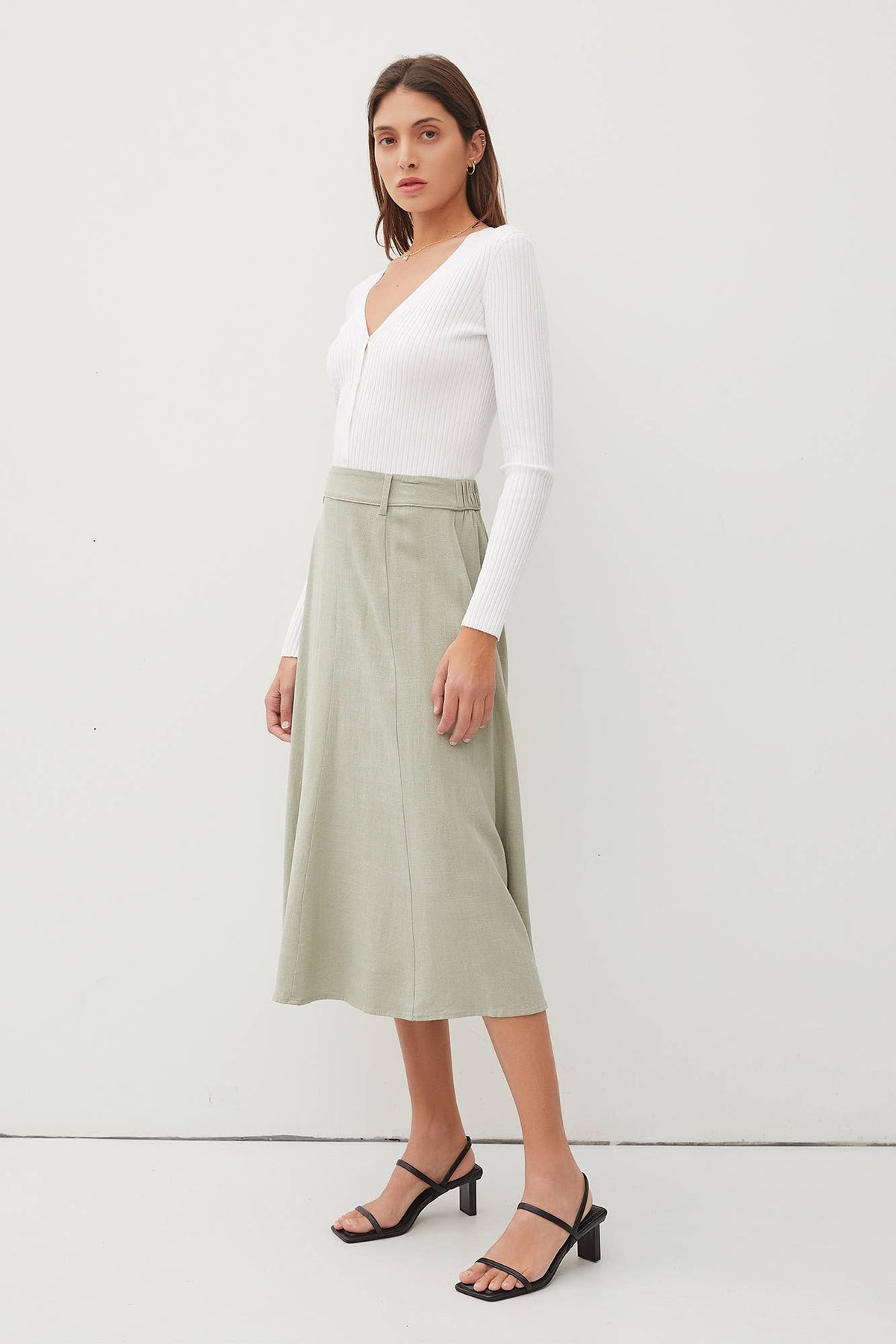 BELT LOOPS DETAILED WAIST FLOWY MIDI SKIRT