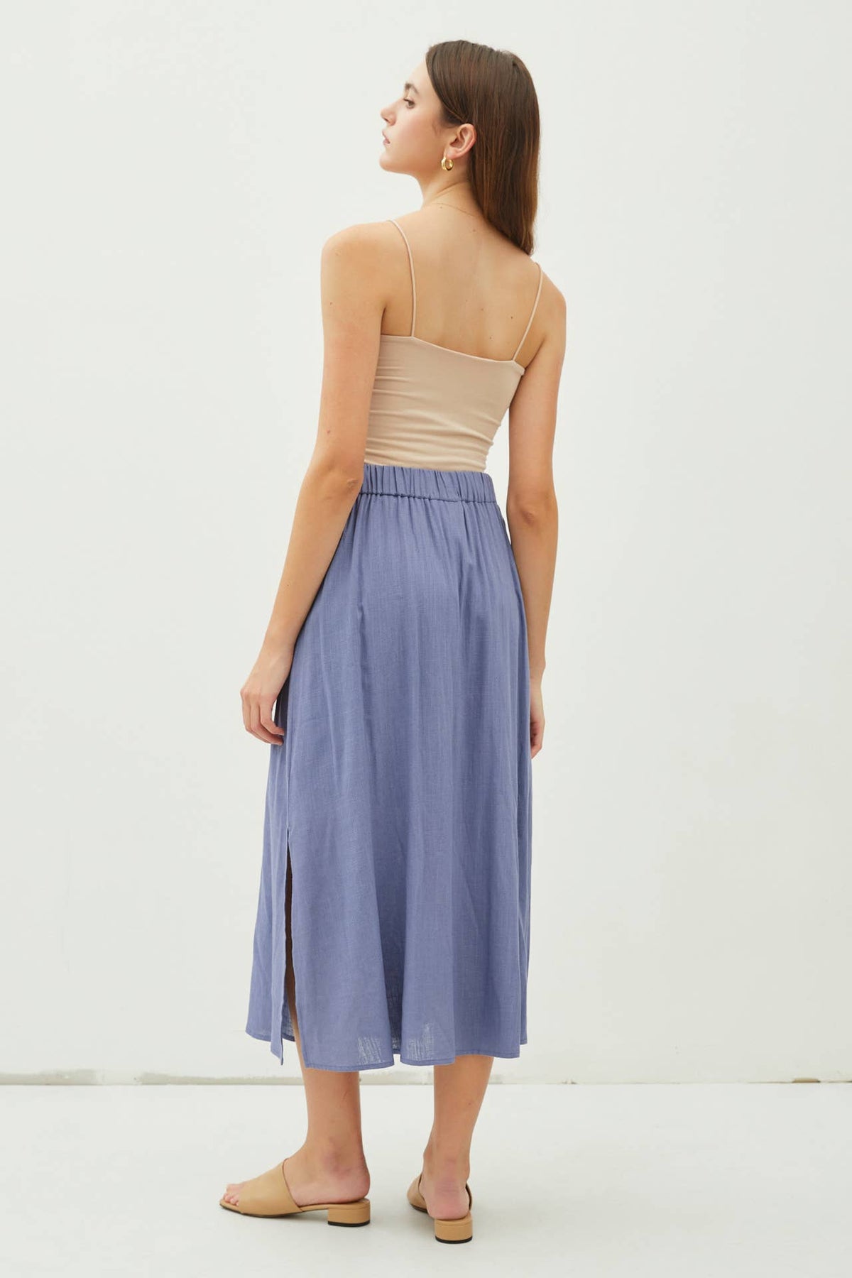 LINEN BLEND BUTTON FRONT MIDI SKIRT