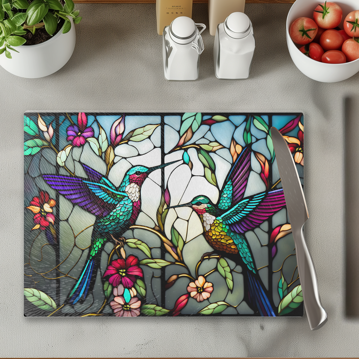Tempered Glass Cutting Board: Hummingbird Charcuterie Tray
