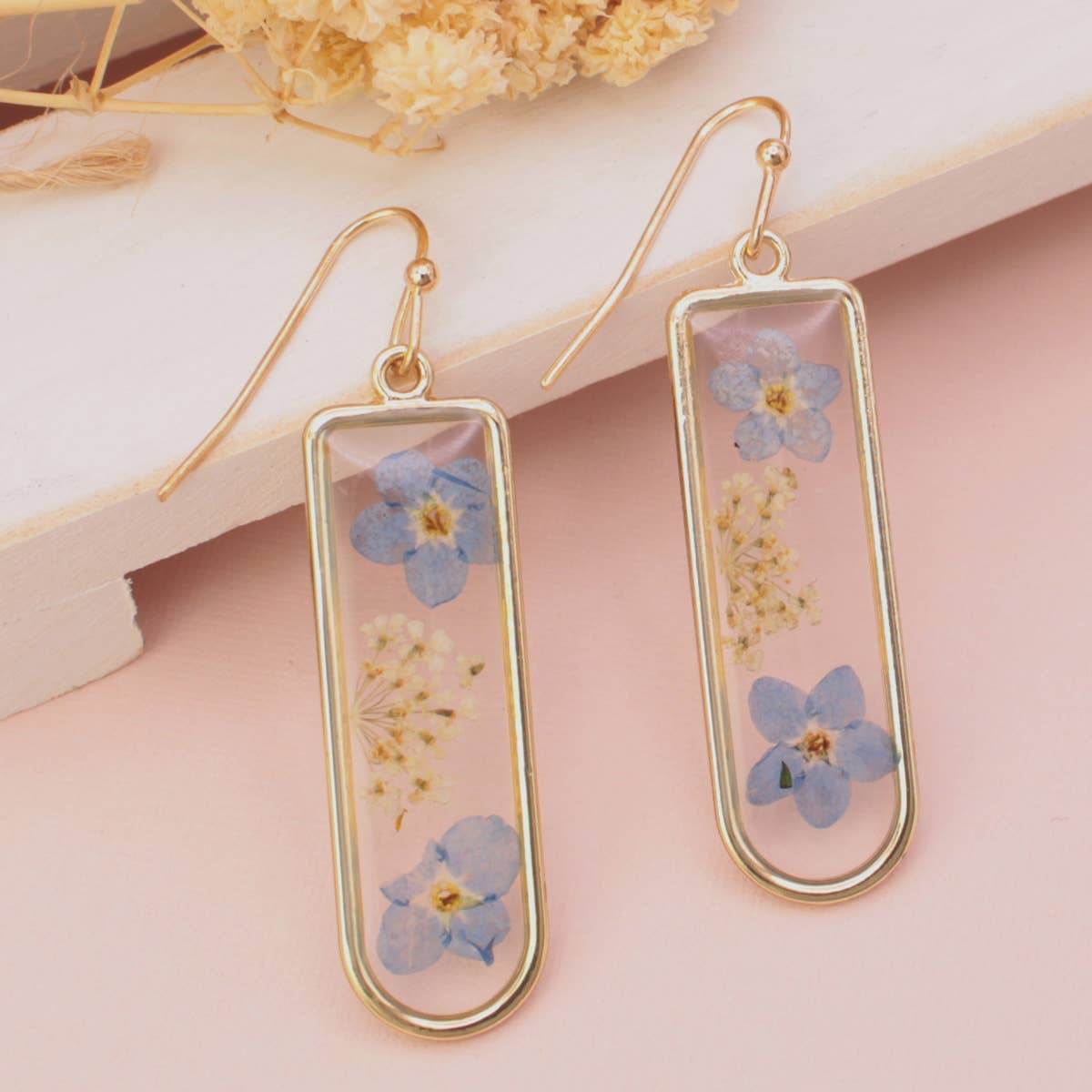 Cottage Blue Gold Bar Dried Flower Earrings