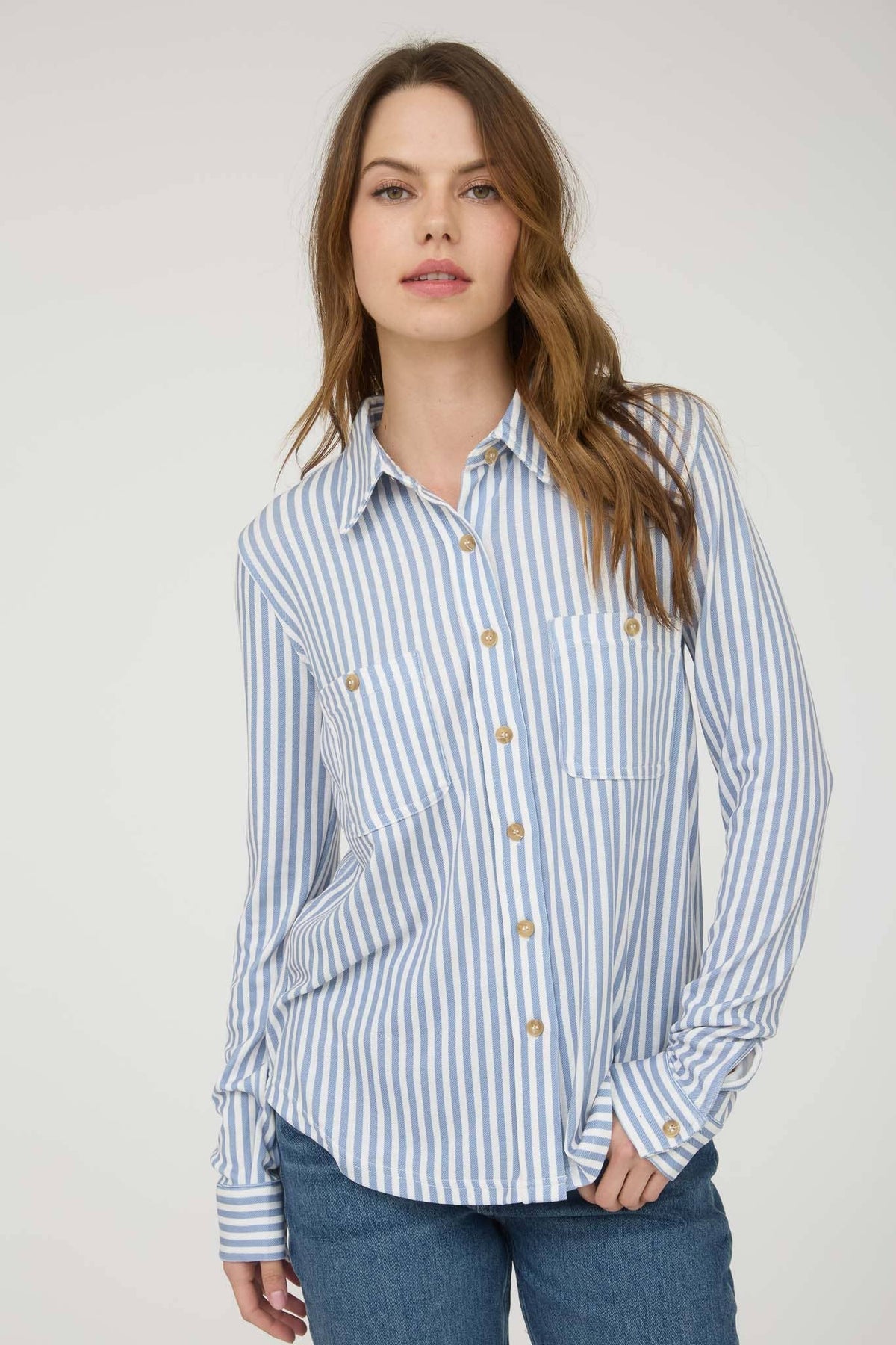 STRIPE COLLARED LONG SLEEVE BUTTON DOWN SHIRT
