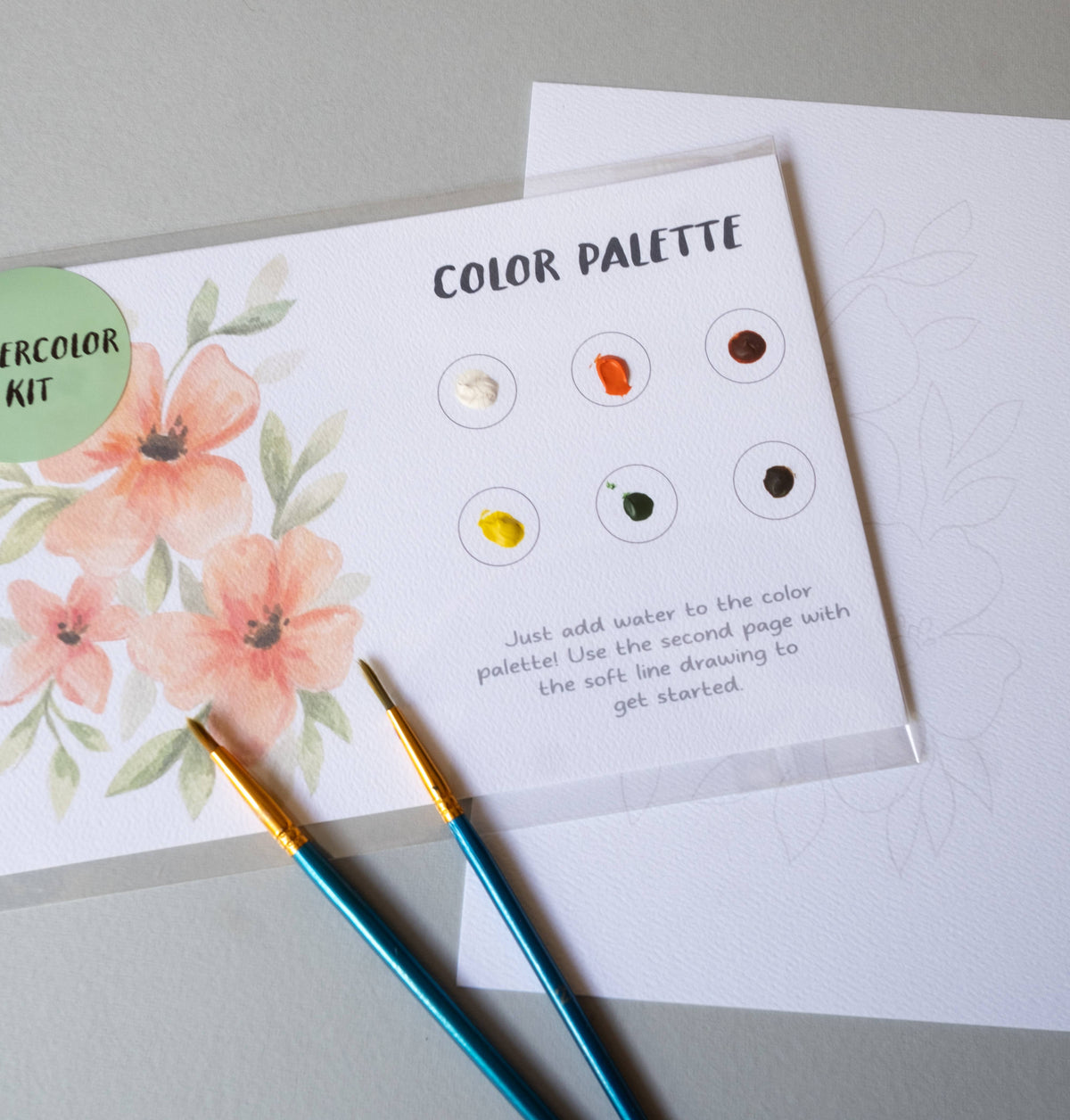 Floral Watercolor Painting Art Kit with Outline page