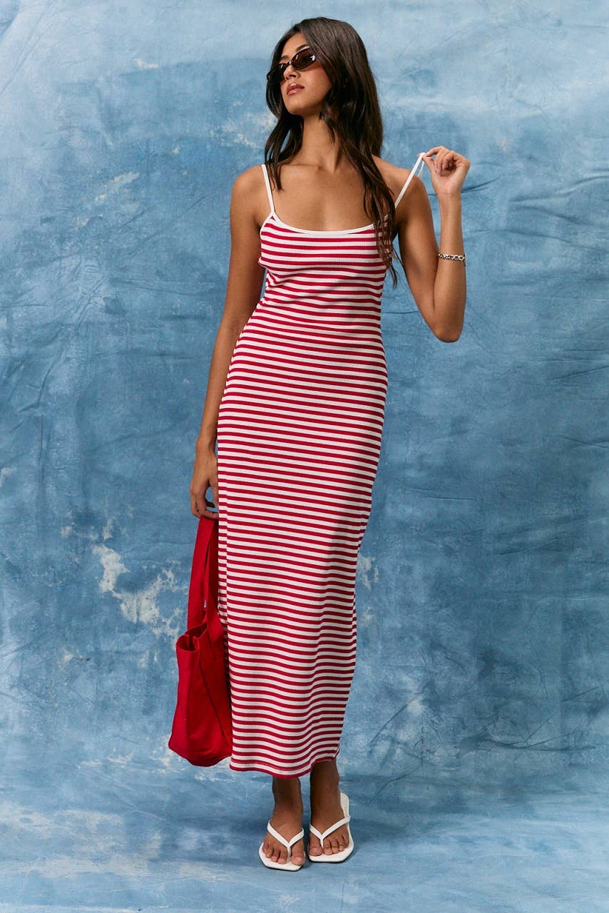 SPAGHETTI BINDING STRIPE MIDI DRESS