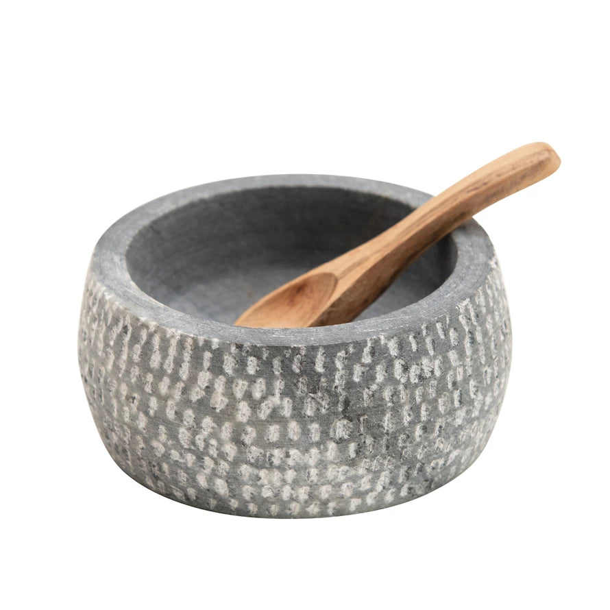 Granite Bowl with Carved Wood Spoon - Set of 2
