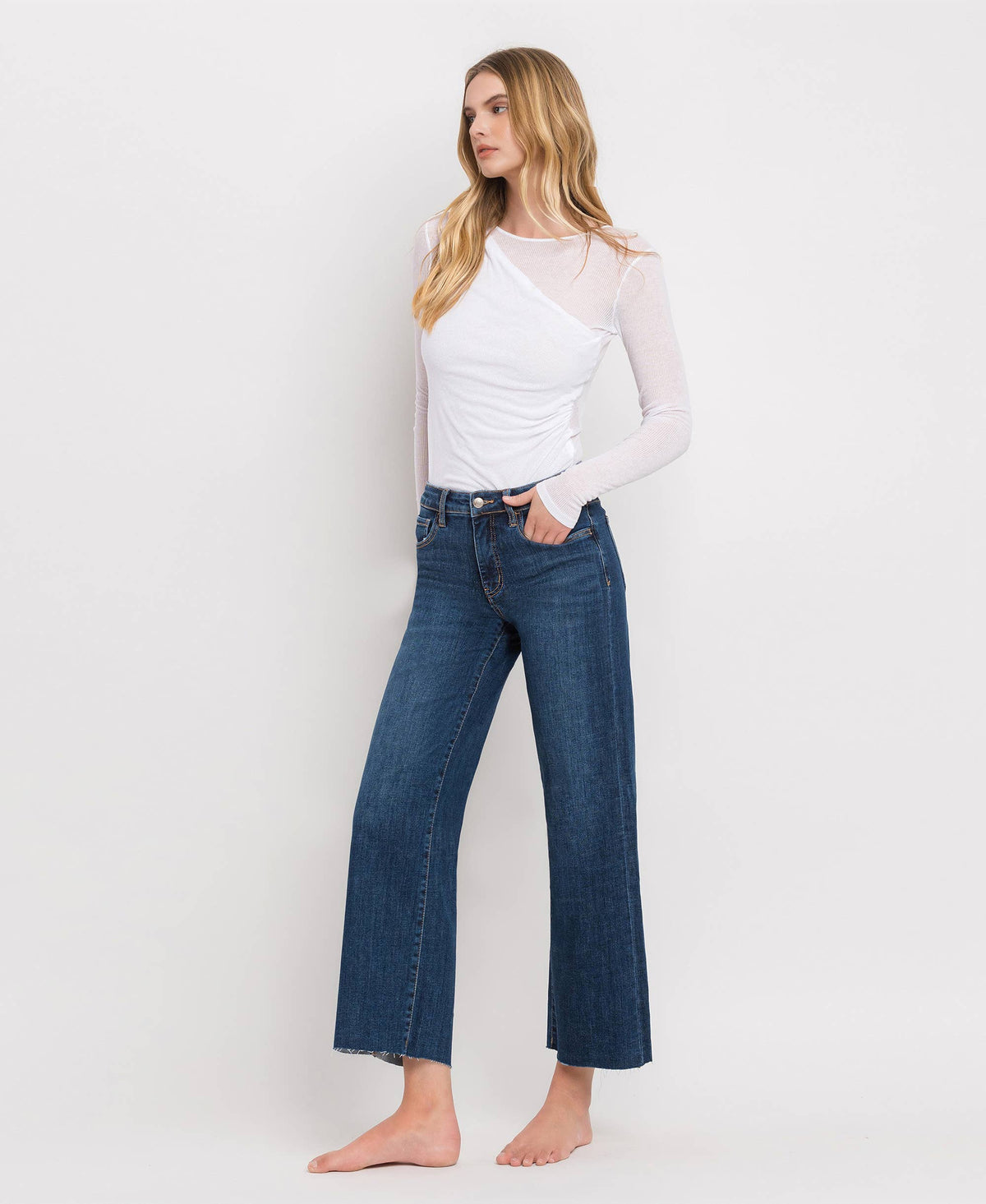TUMMY CONTROL MID RISE DARK WASH WIDE LEG JEANS LV131