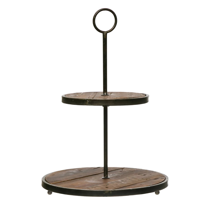 Decorative Wood & Metal 2-Tier Tray