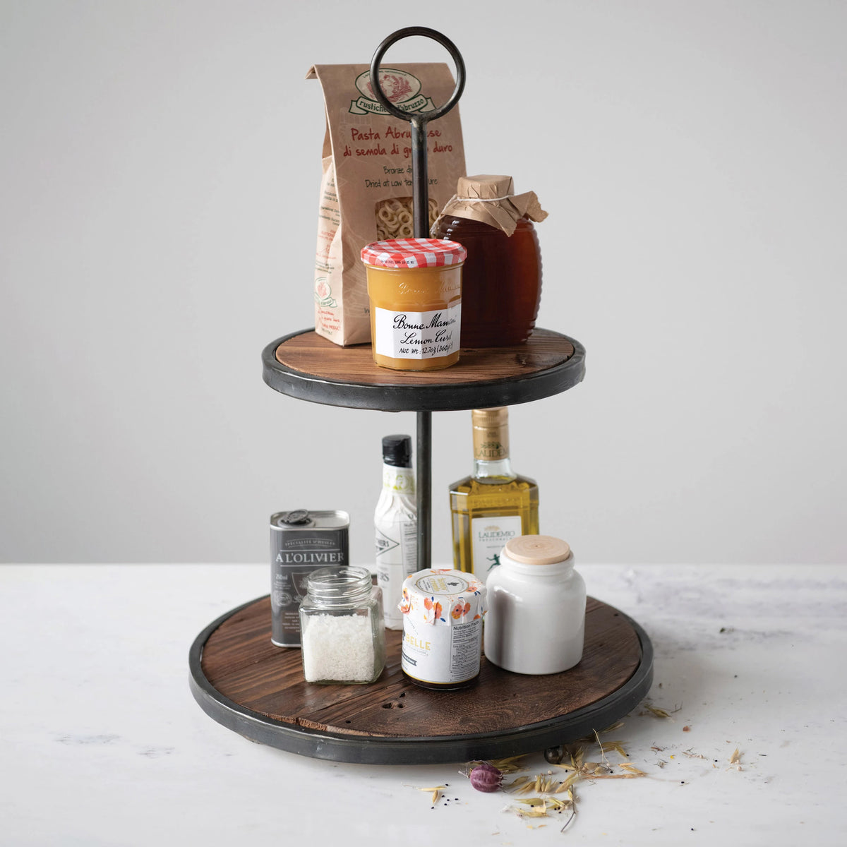 Decorative Wood & Metal 2-Tier Tray