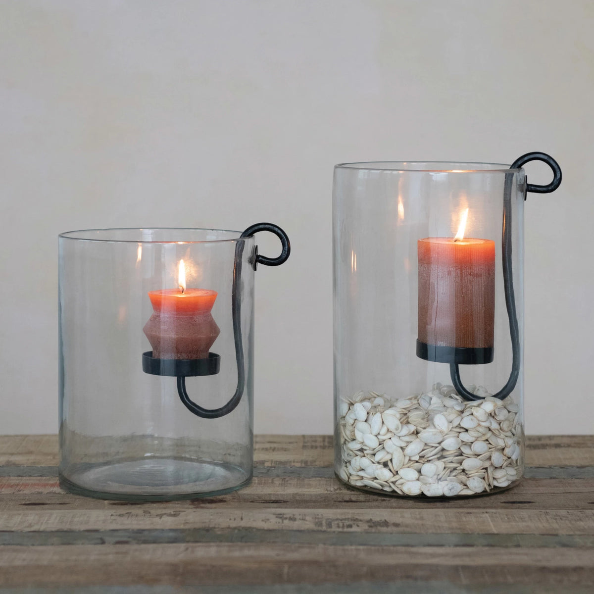 Glass Hurricane with Metal Candle Holder - 2 Sizes
