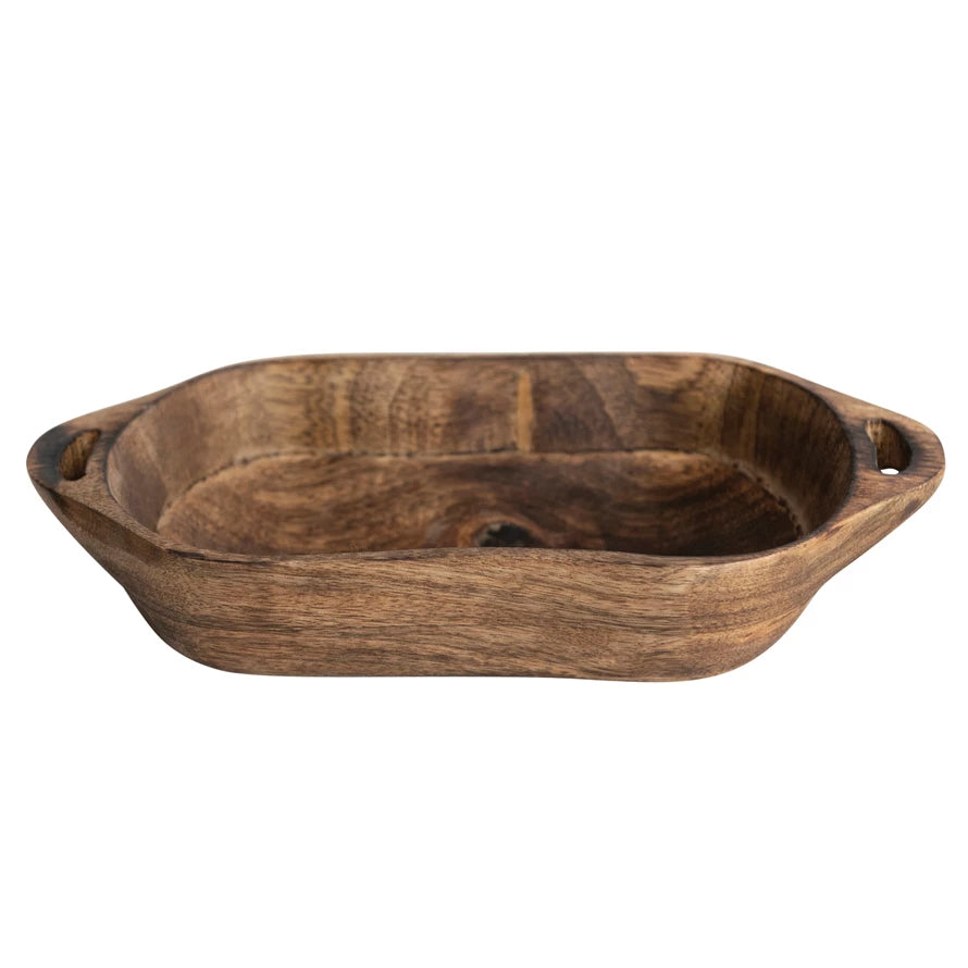 Mango Wood Bowl with Handles in Walnut Finish