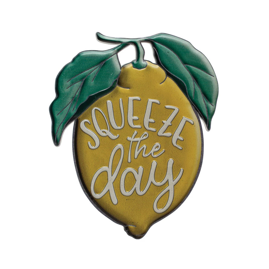 "Squeeze The Day" Embossed Metal Lemon Wall Hanging