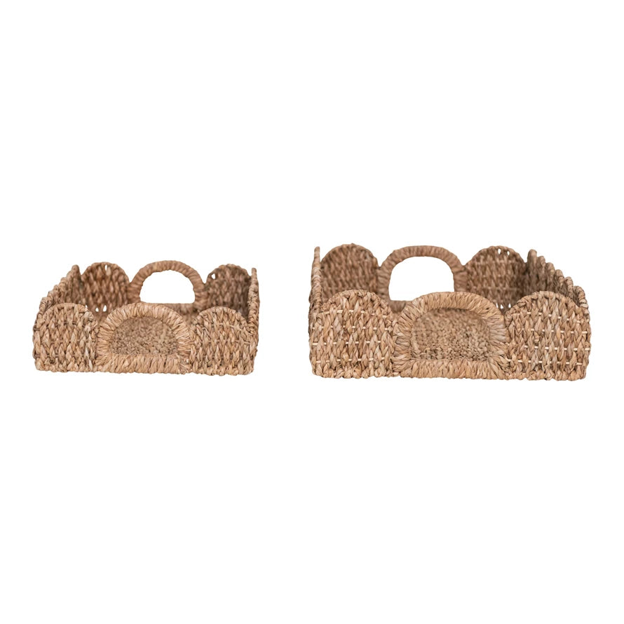 Decorative Braided Bankuan Trays w/ Handles & Scalloped Edge,Two Sizes