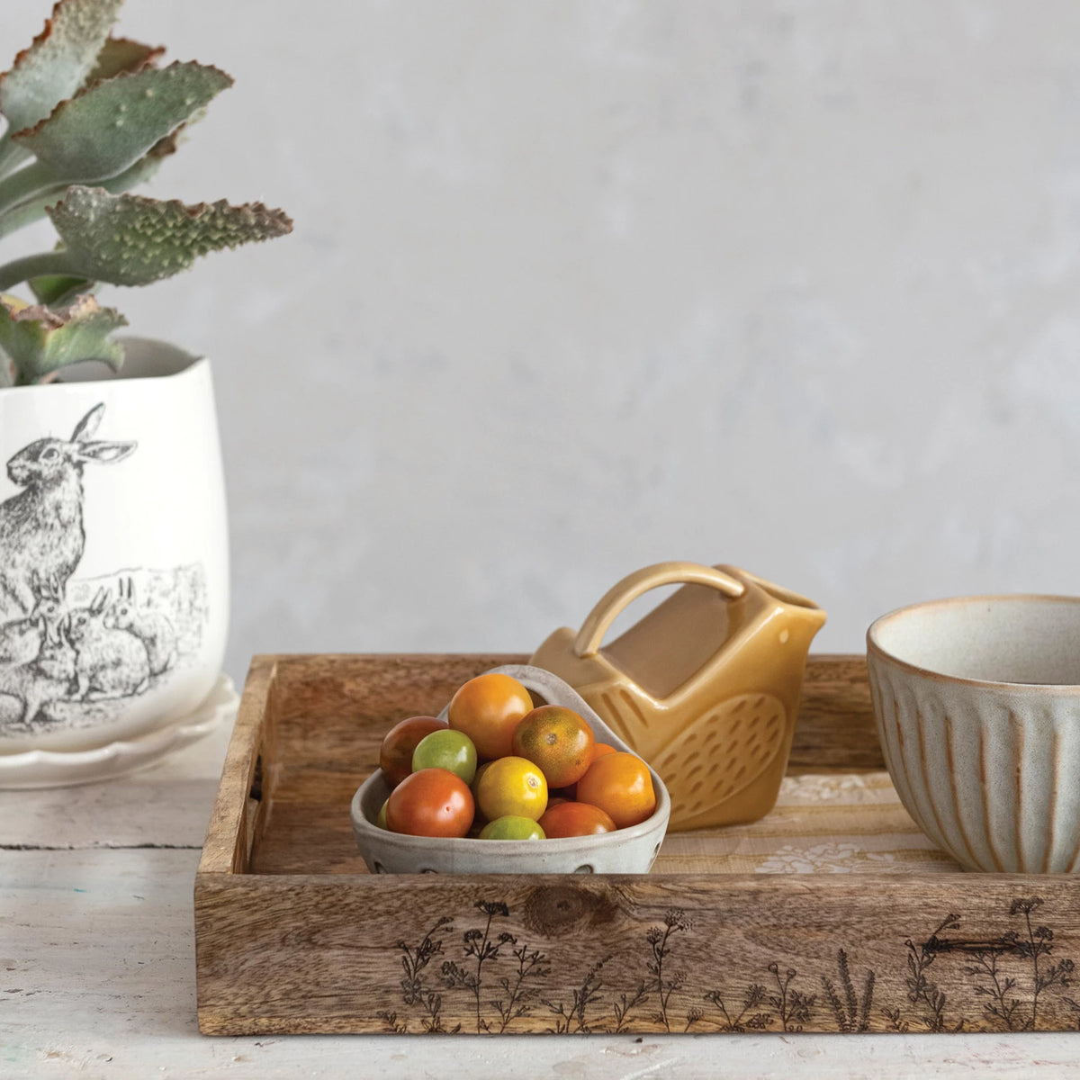 Decorative Mango Wood Tray with Handles & Laser Etched Botanicals