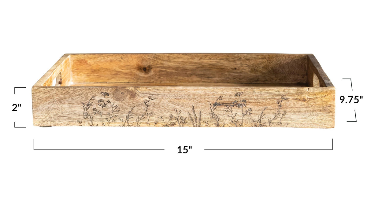 Decorative Mango Wood Tray with Handles & Laser Etched Botanicals