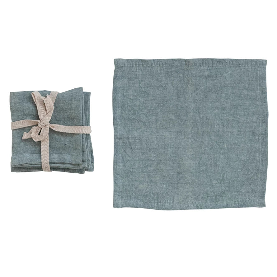 Light Blue Stonewashed Linen Cocktail Napkins - Set of 4