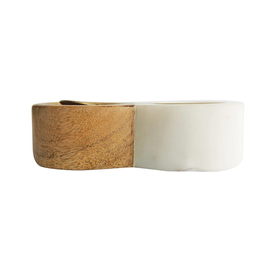 Mango Wood and Marble Pinch Pot with Brass Spoon - Set of 2