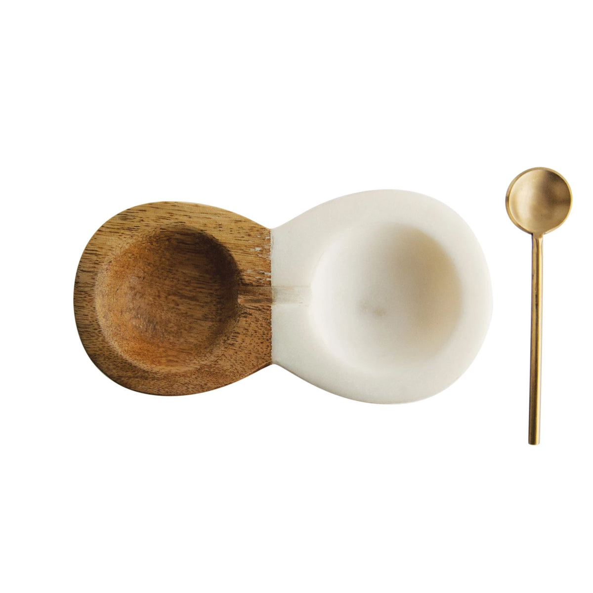 Mango Wood and Marble Pinch Pot with Brass Spoon - Set of 2