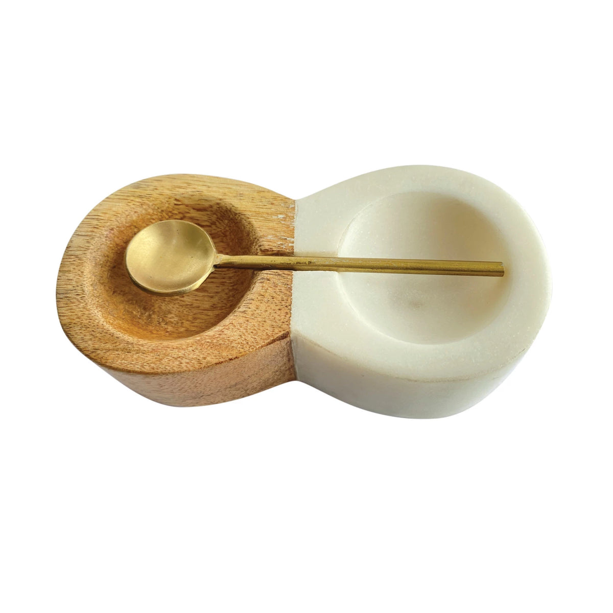 Mango Wood and Marble Pinch Pot with Brass Spoon - Set of 2