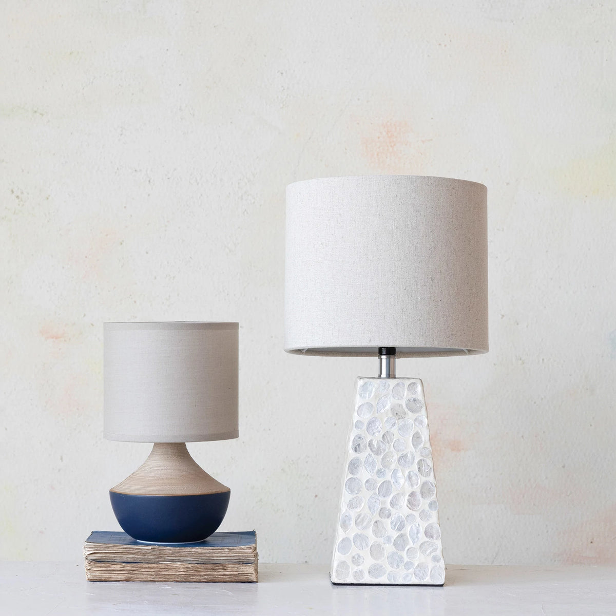 Navy & Natural Stoneware Table Lamp with Linen Shade