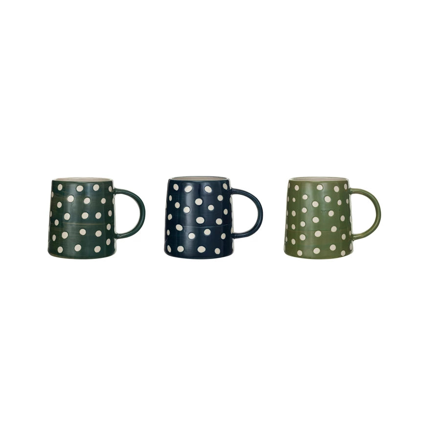 Hand-Painted Stoneware 14 oz Mug with Wax Relief Dots - 3 Colors