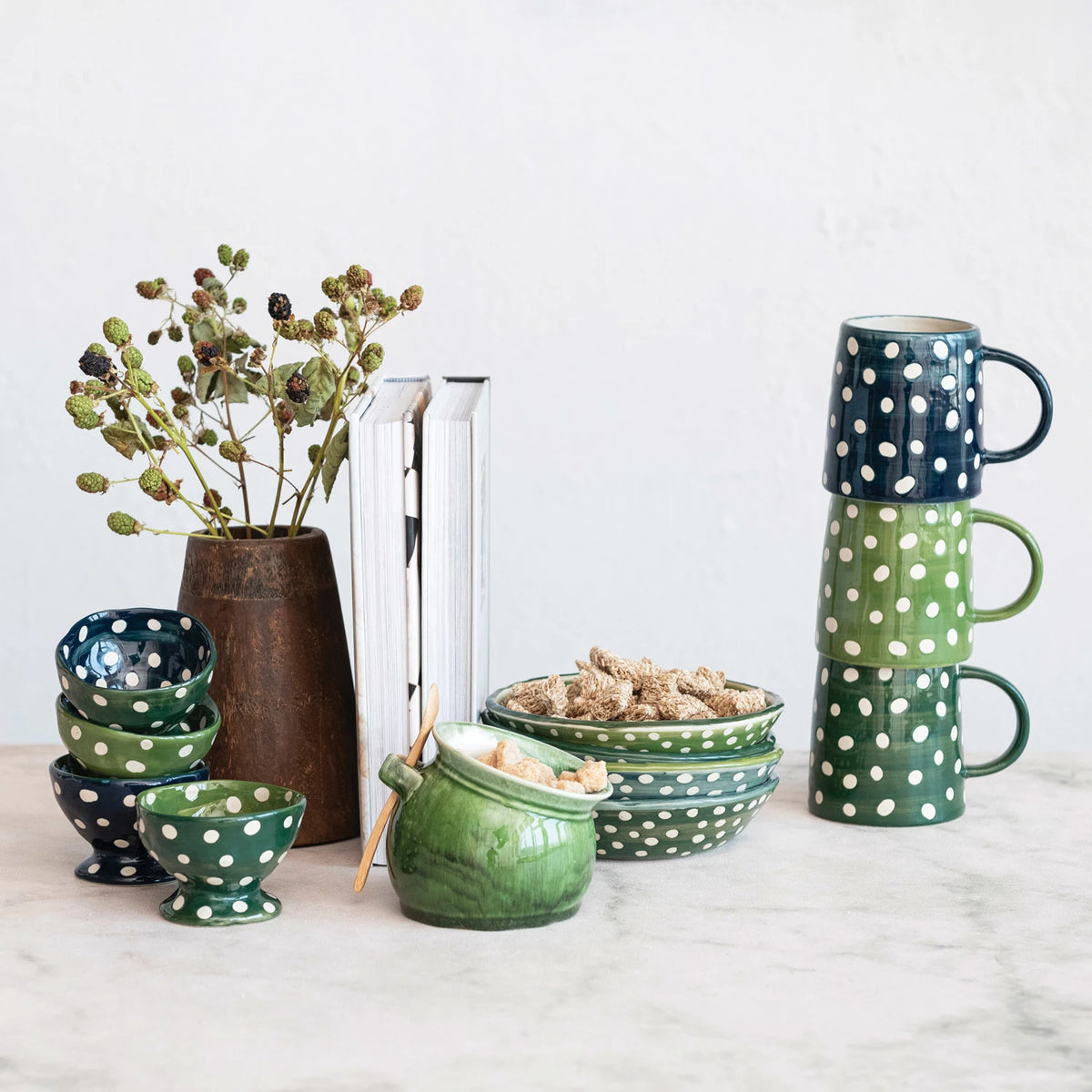 Hand-Painted Stoneware 14 oz Mug with Wax Relief Dots - 3 Colors