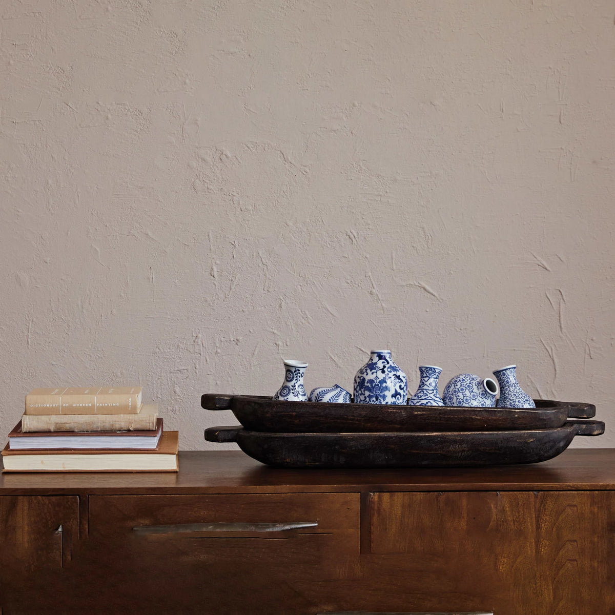 Found Decorative Black Wood Trug with Handles