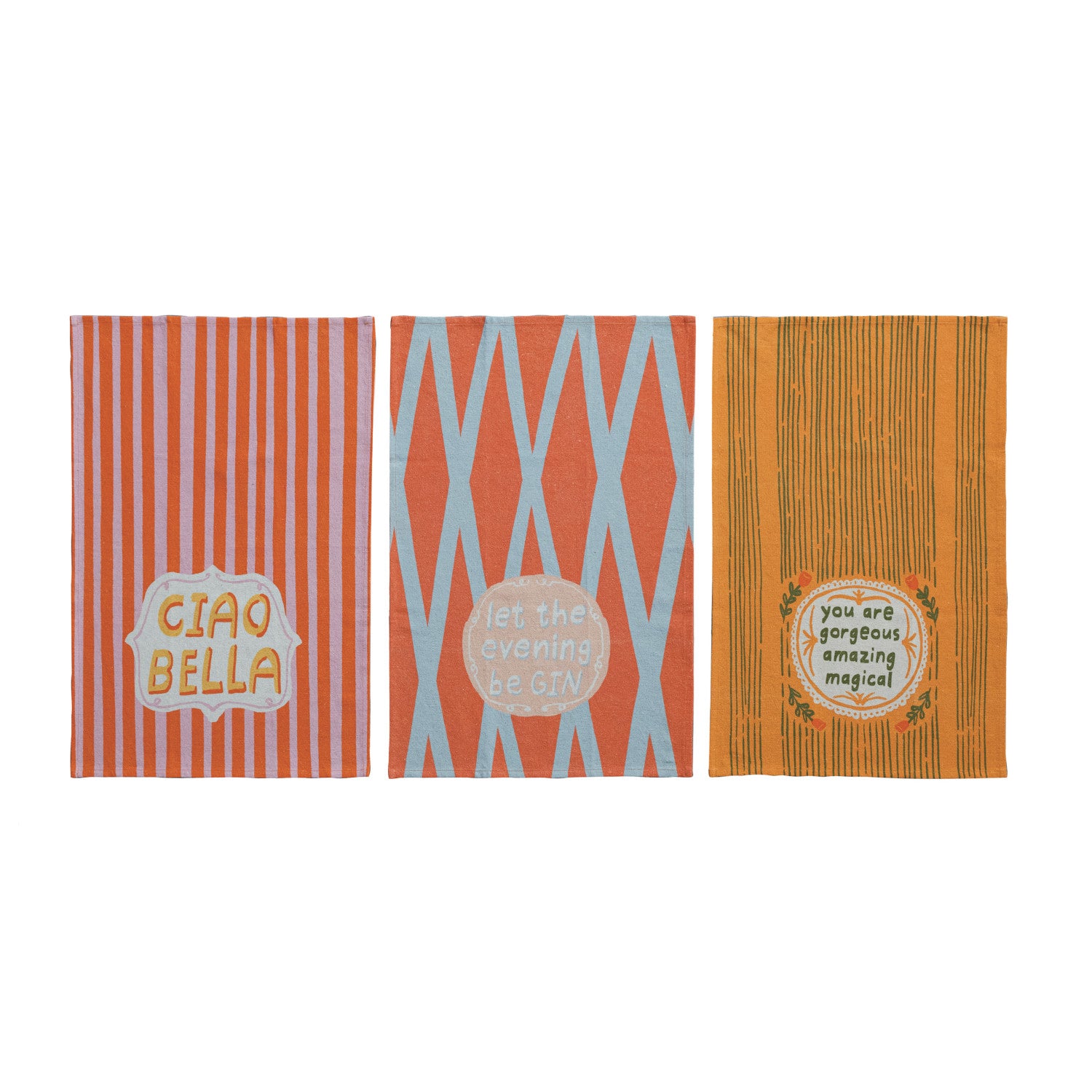 Cotton & Linen Printed Tea Towel w/ Pattern & Saying, 3 Styles