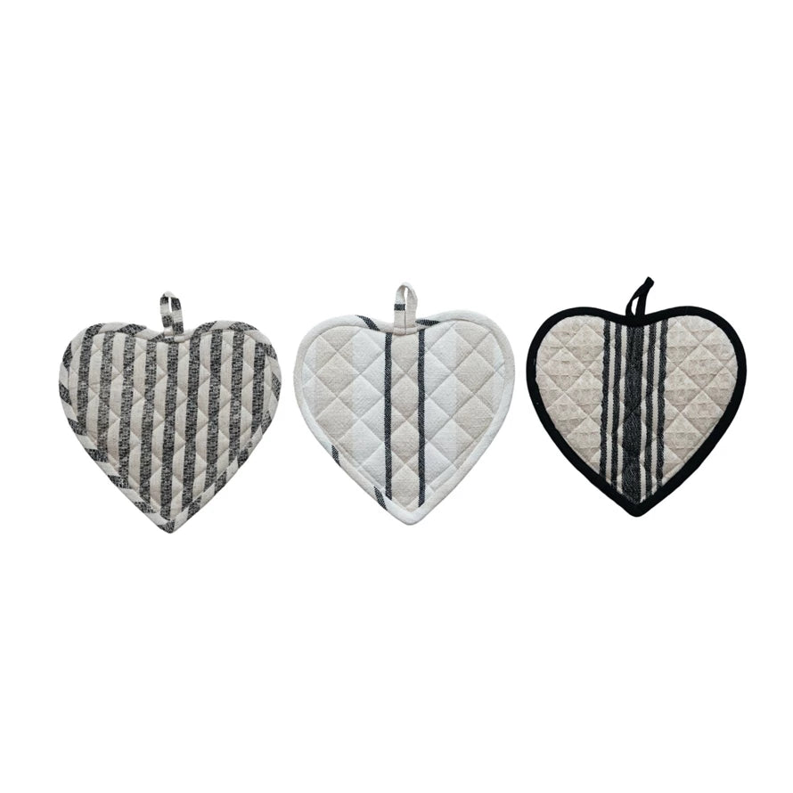Cotton Quilted Heart Shaped Pot Holder with Stripes - 3 Styles. Each Sold Separately.