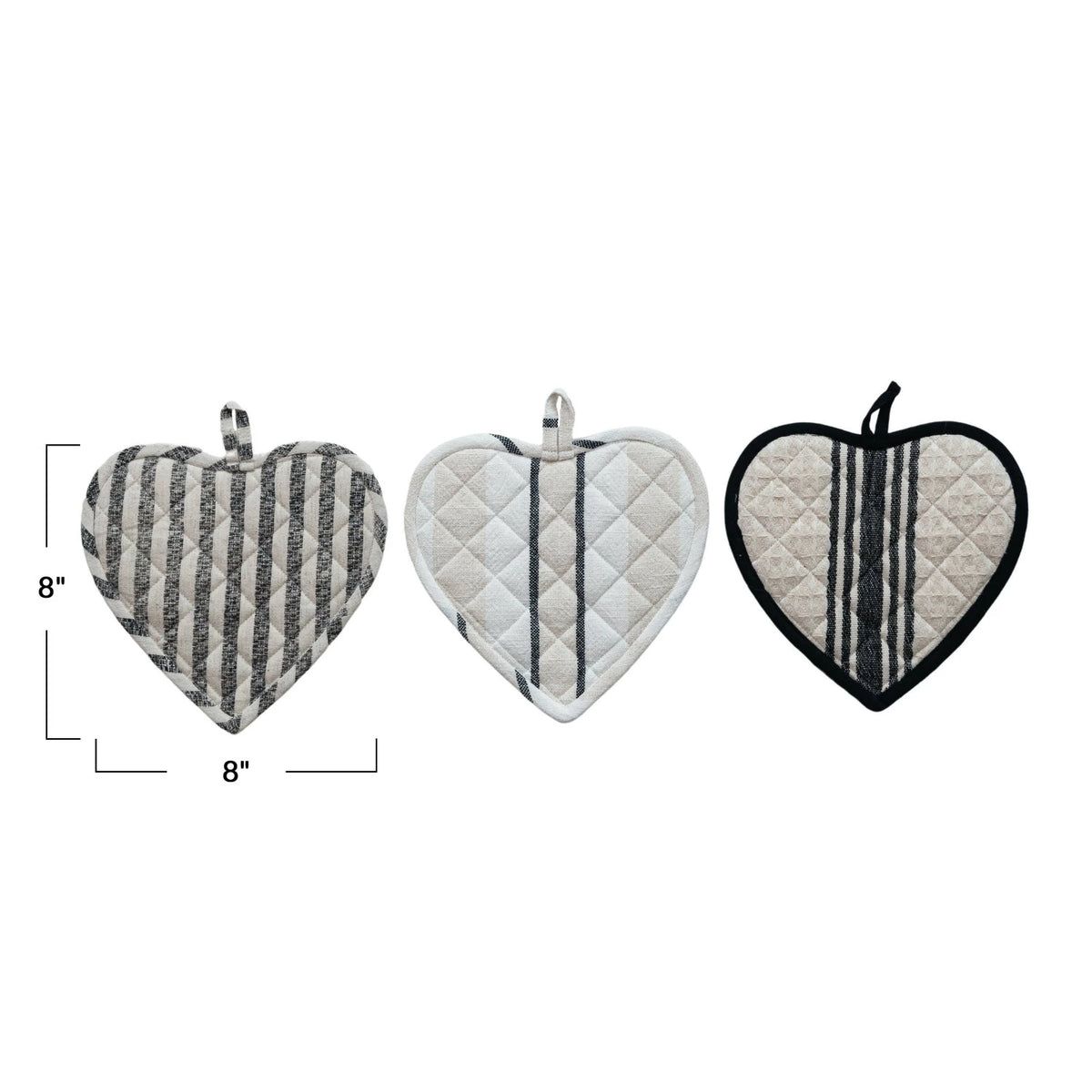 Cotton Quilted Heart Shaped Pot Holder with Stripes - 3 Styles. Each Sold Separately.