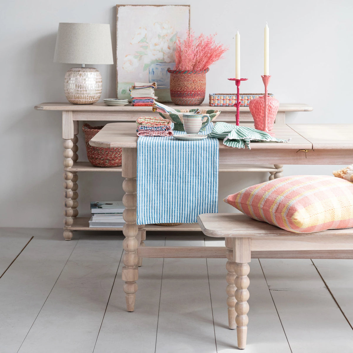 White Washed Wood Veneer Bench with Turned Legs