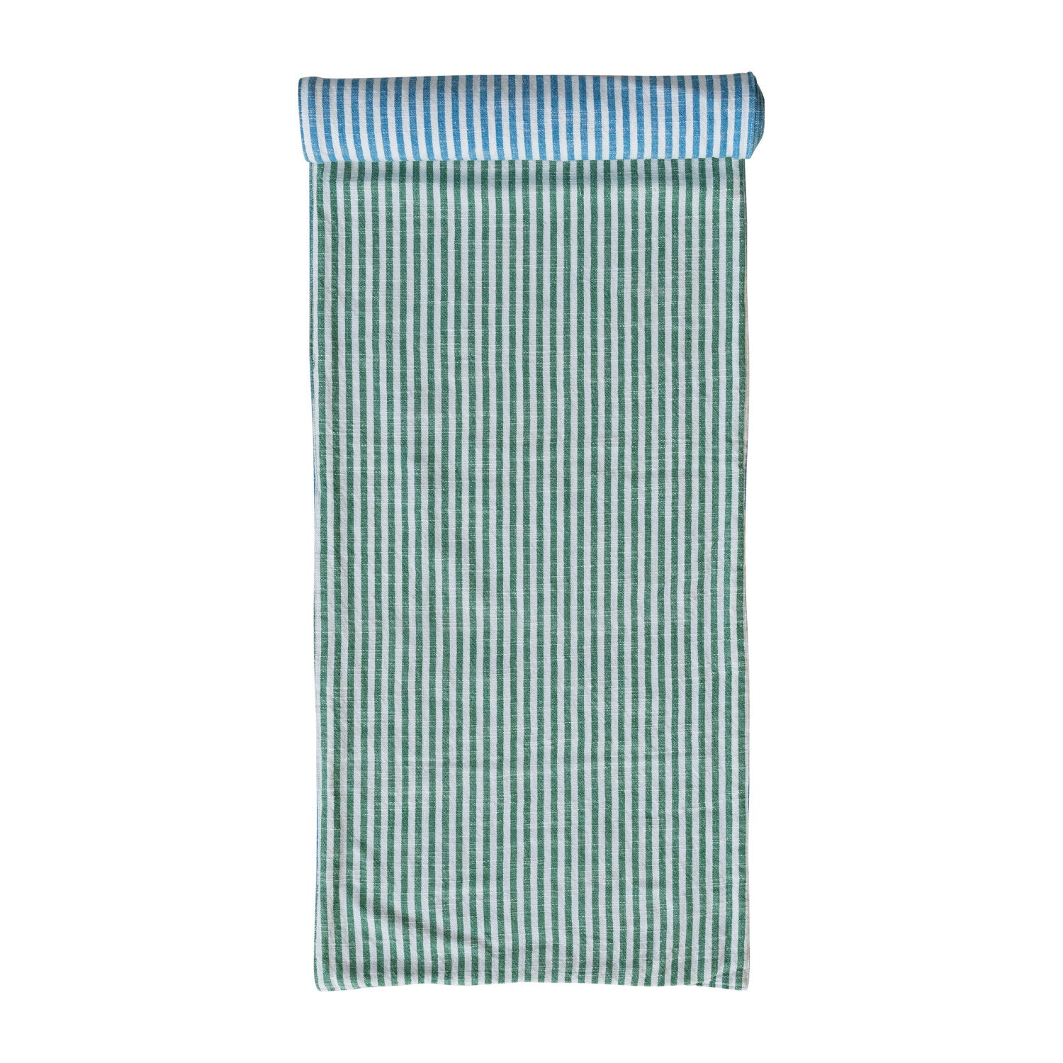 Woven Cotton Two-Sided Striped Table Runner, Blue, Green & Natural