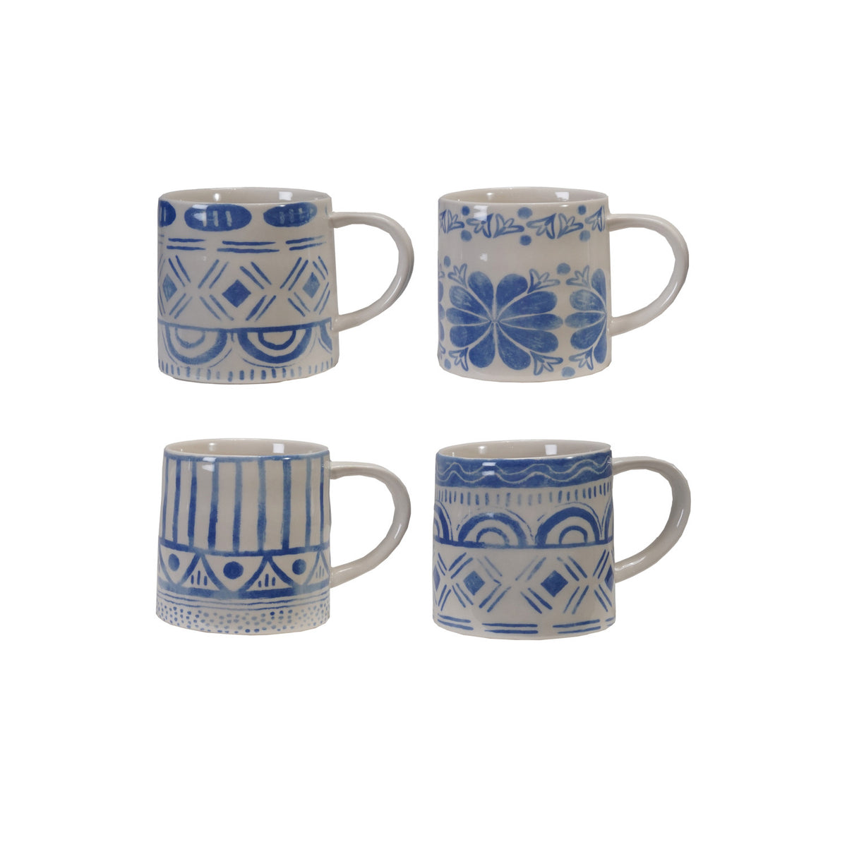 14 oz. Stoneware Mug with Tile Pattern, Blue & White, 4 Styles ©