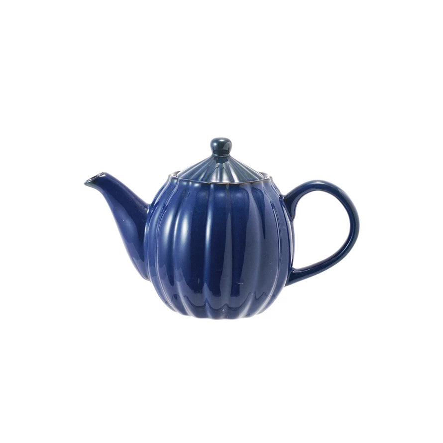 34 oz. Stoneware Ribbed Teapot, Reactive Glaze, Blue