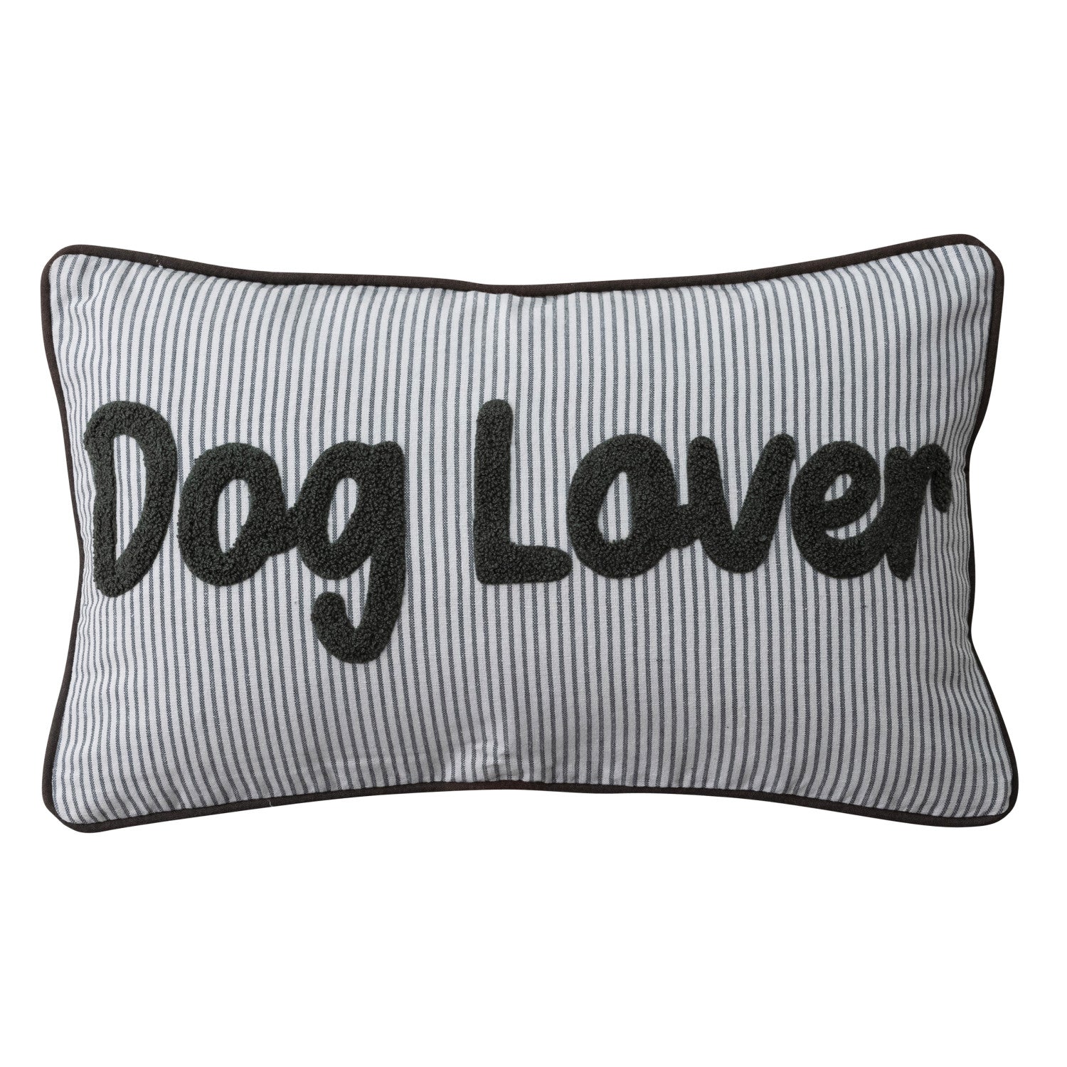 Cotton Blend Printed Striped Lumbar Pillow w/ Piping & Tufted "Dog Lover"