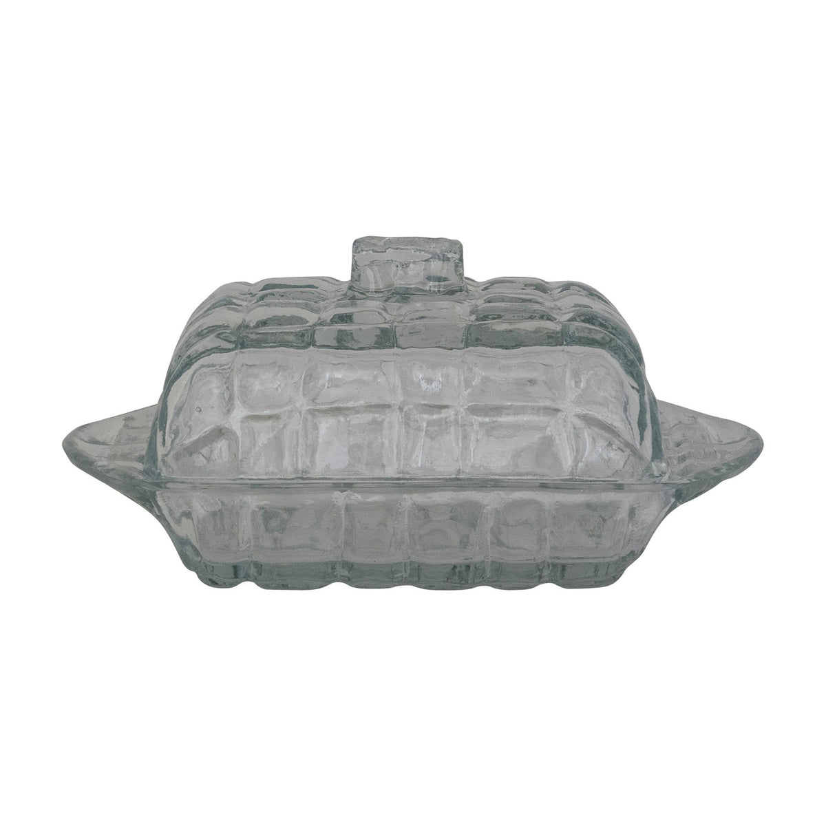 6-3/4"L x 4"W x 3"H Pressed Glass Butter Dish with Grid Pattern