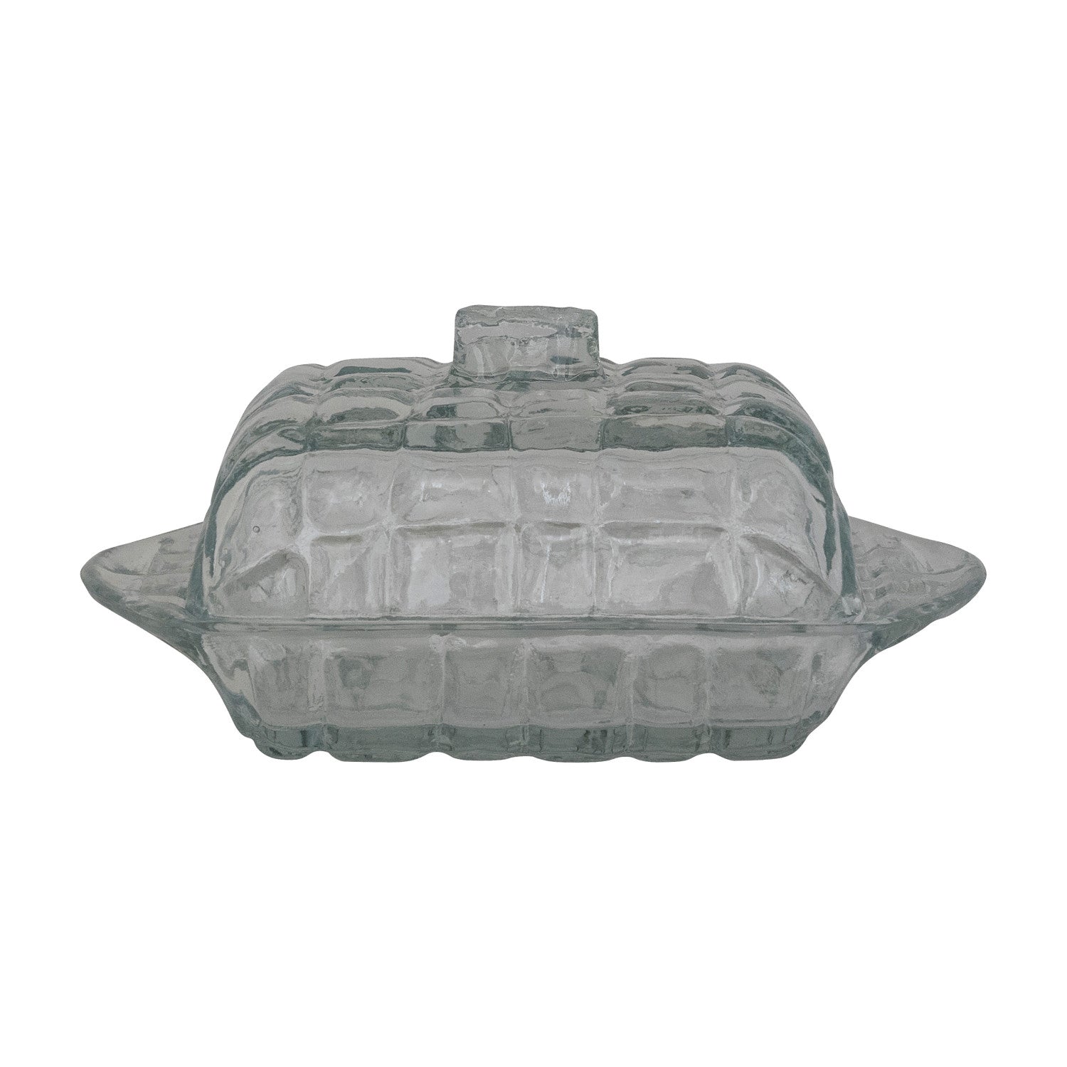 6-3/4"L x 4"W x 3"H Pressed Glass Butter Dish with Grid Pattern