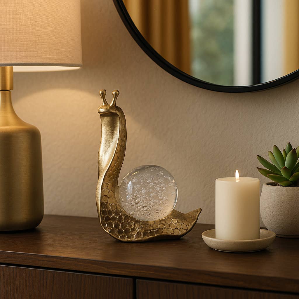 Decorative Figurine - Gold Resin Snail Glass Ball, 8 in.