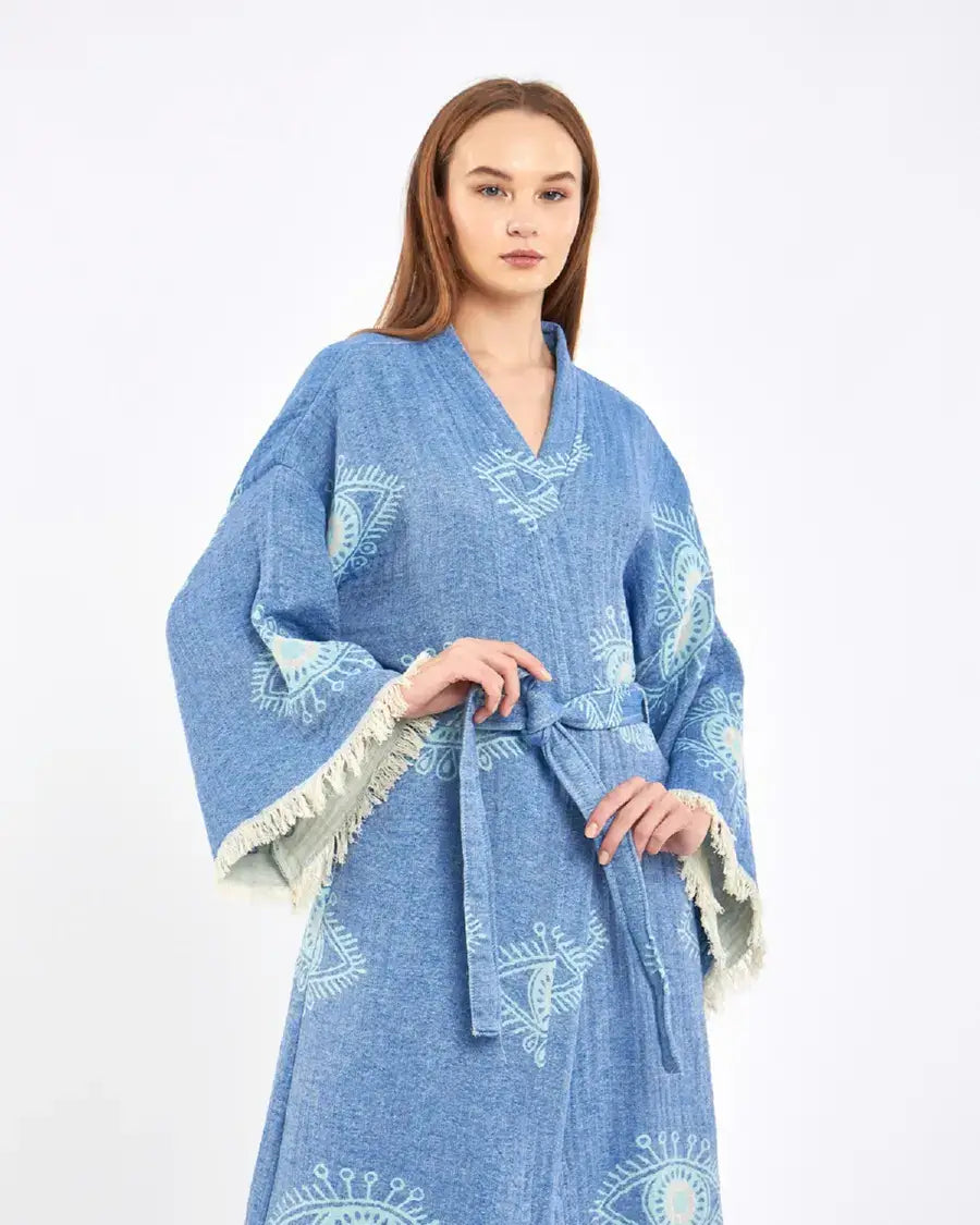 Blue Evil Eye Kimono, Long Cotton Robe, Cotton Kafthan