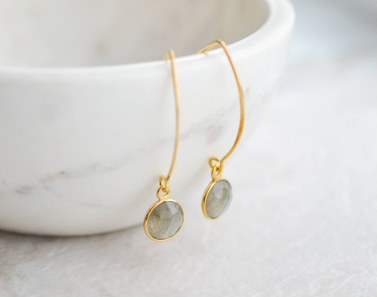Vermeil Gold Marquis Medium Round Earrings - Labradorite