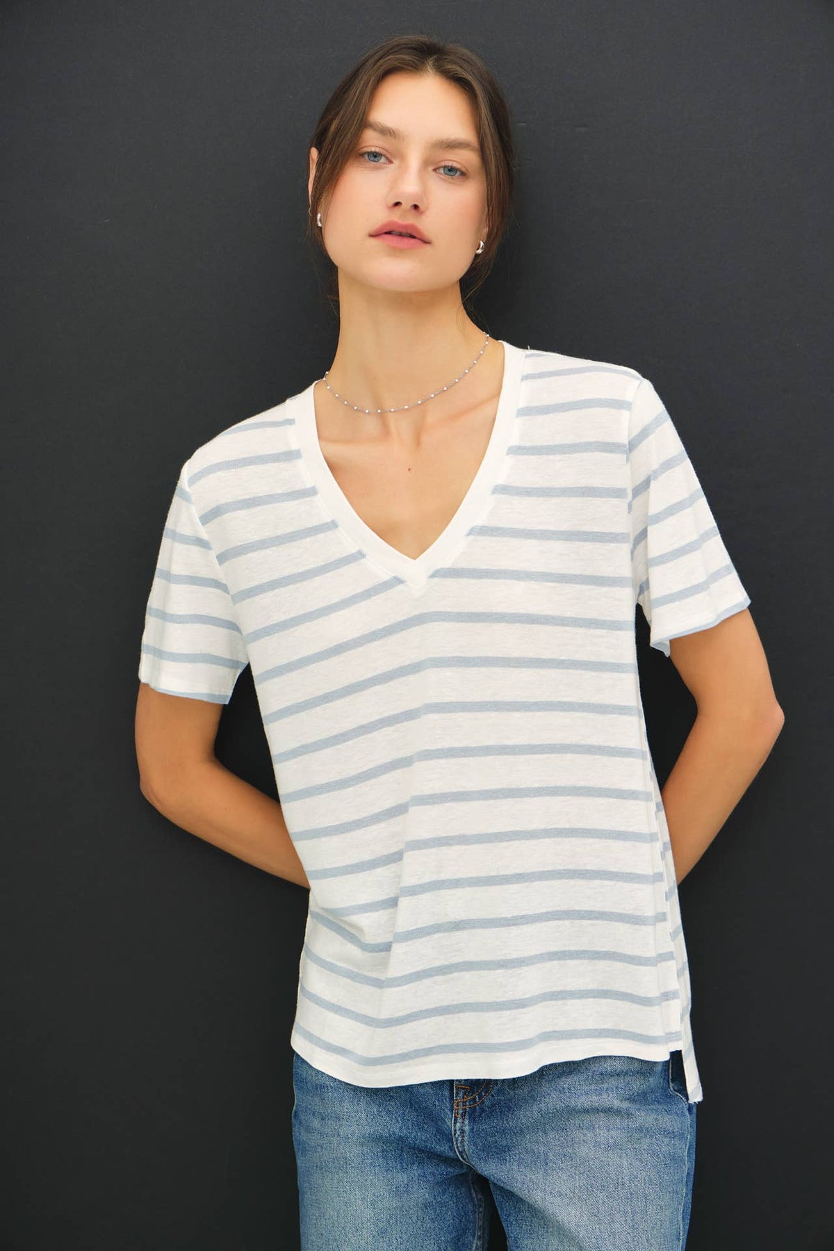 COTTON LINEN BLEND RELAXED FIT STRIPED T-SHIRT