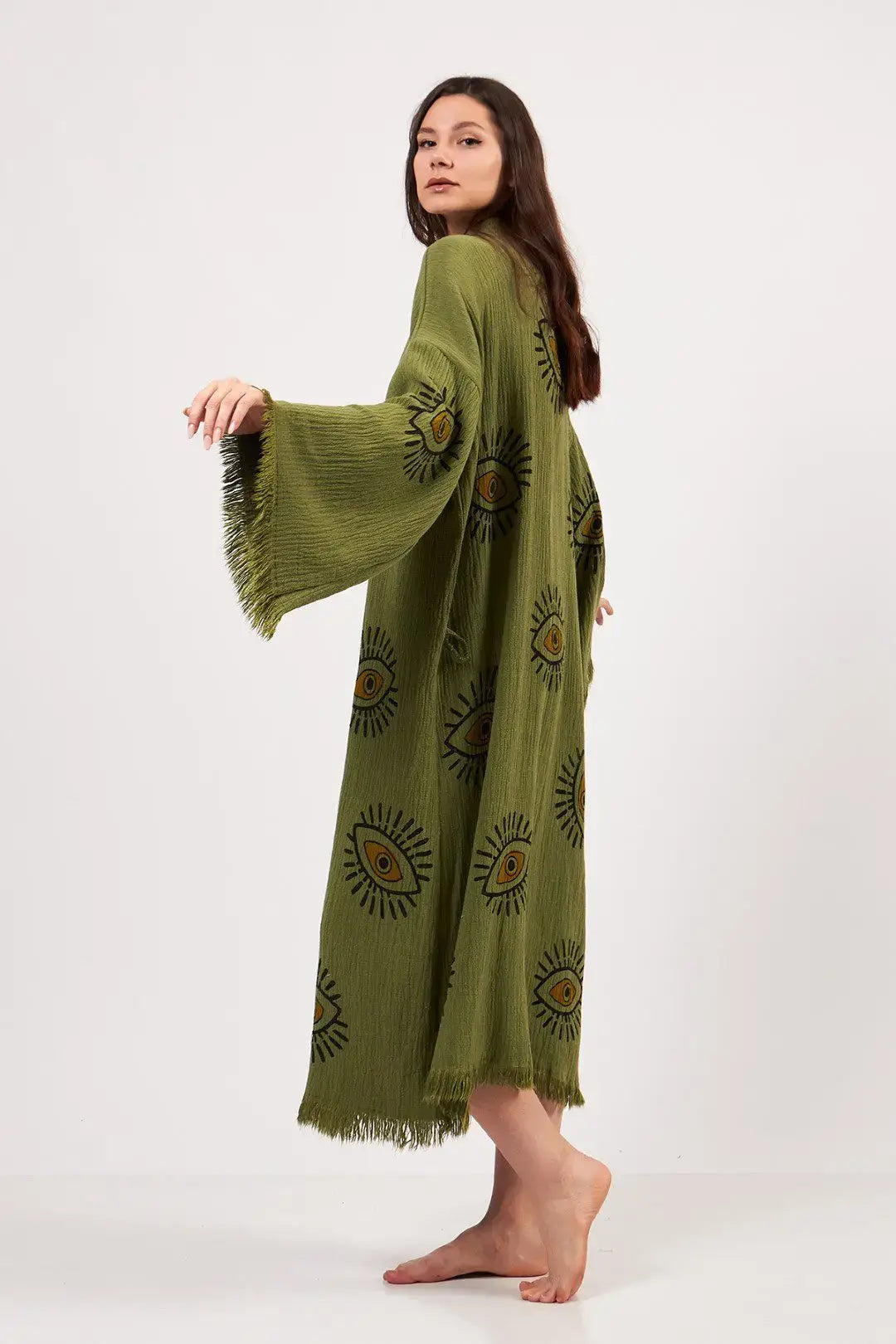 Green Evil Eye Kimono, Cotton Kaftan Kimono, Evil Eye Robes