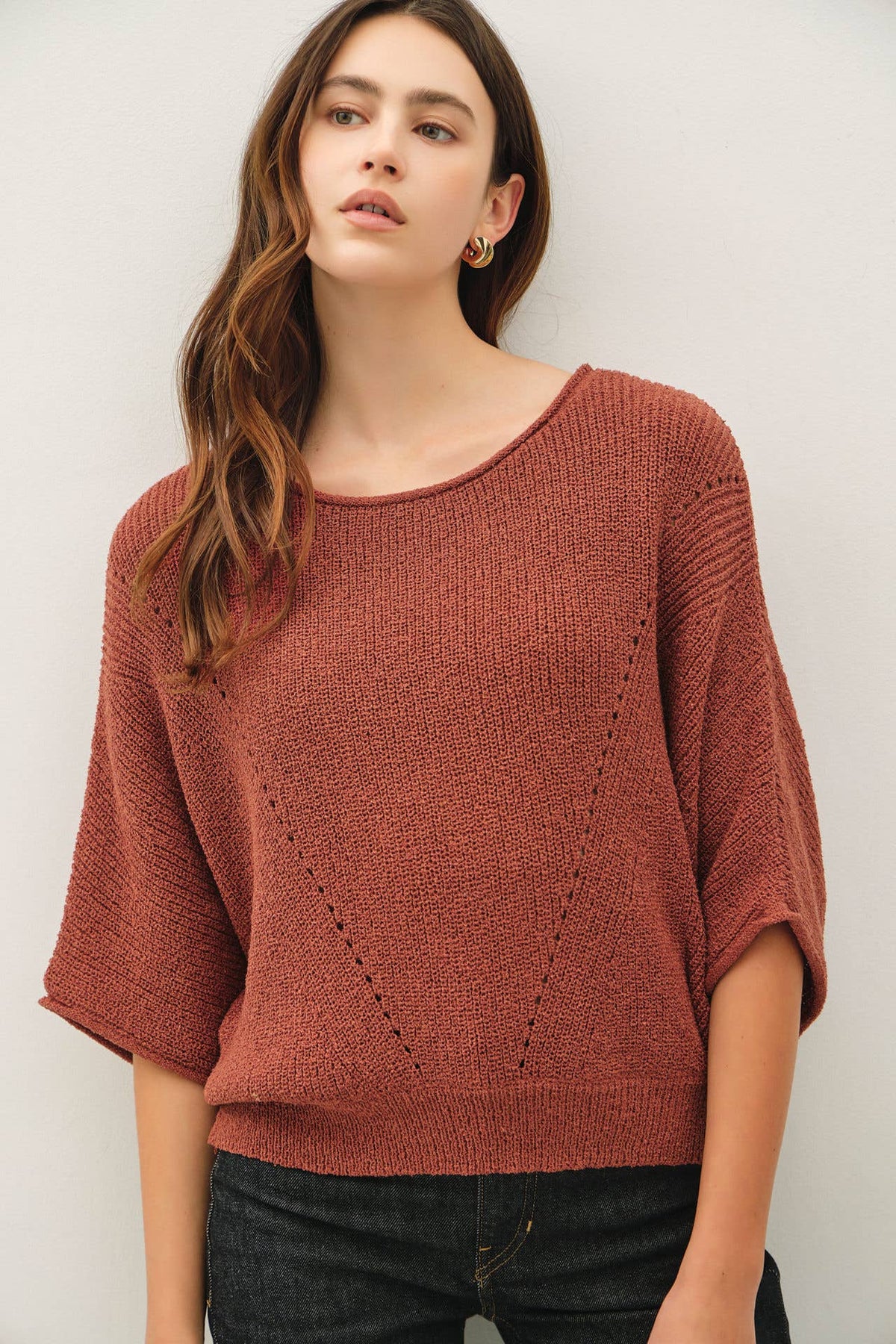 POINTELLE DOLMAN SLEEVE CROPPED SWEATER