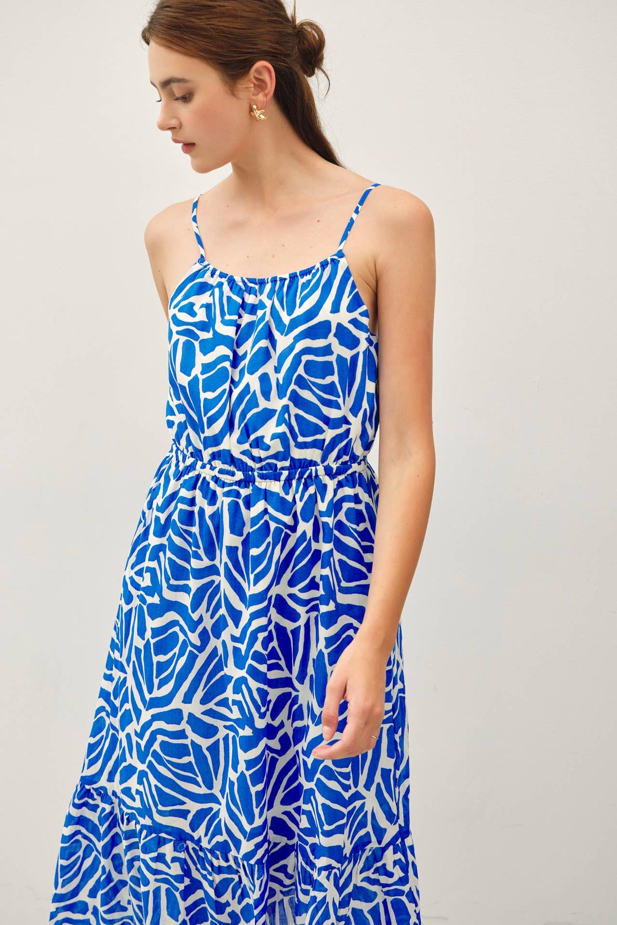 GEO PRINTED COTTON MIDI DRESS W/ BANDING AT WAIST