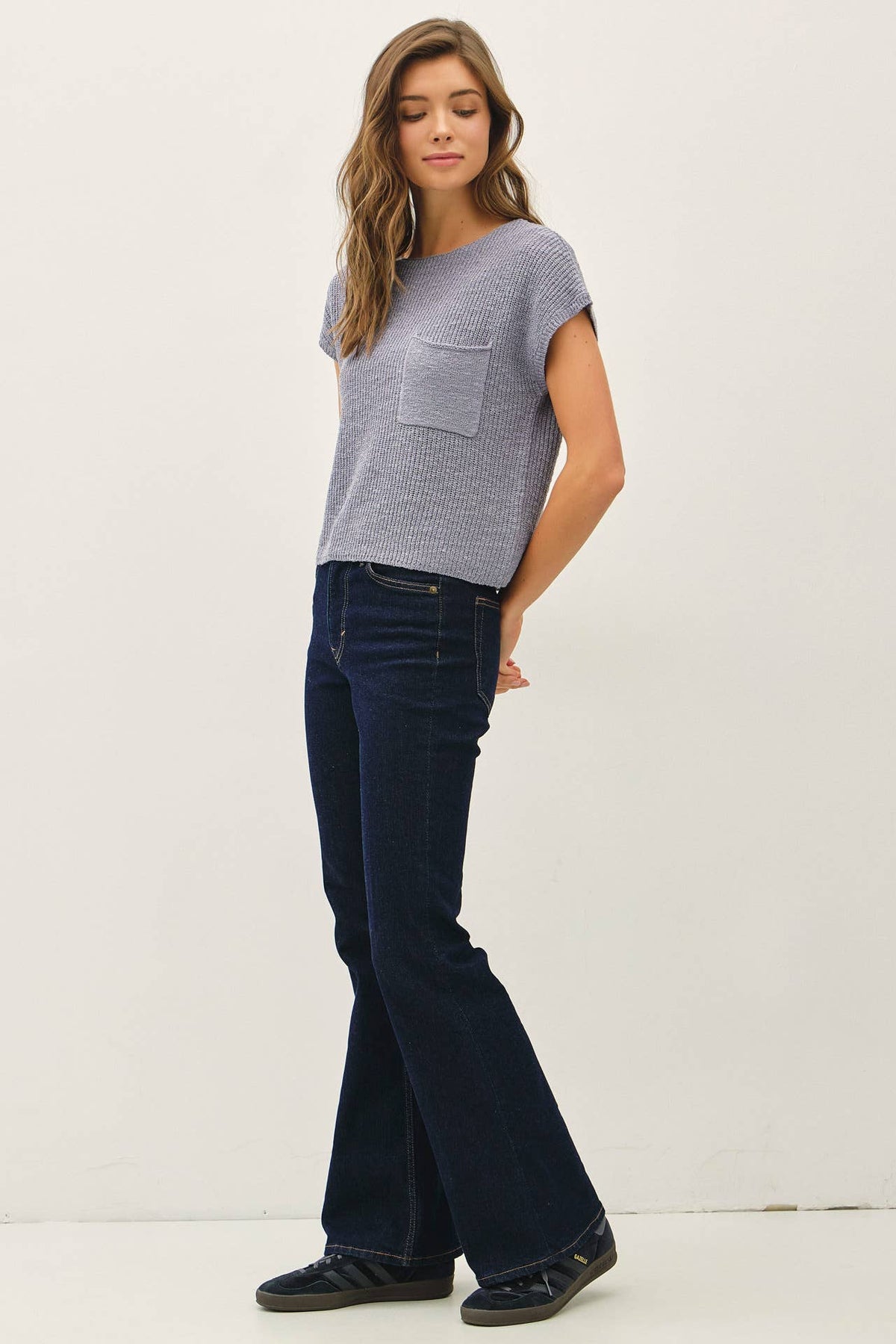 POCKET DOLMAN CAP SLEEVE BOXY KNIT