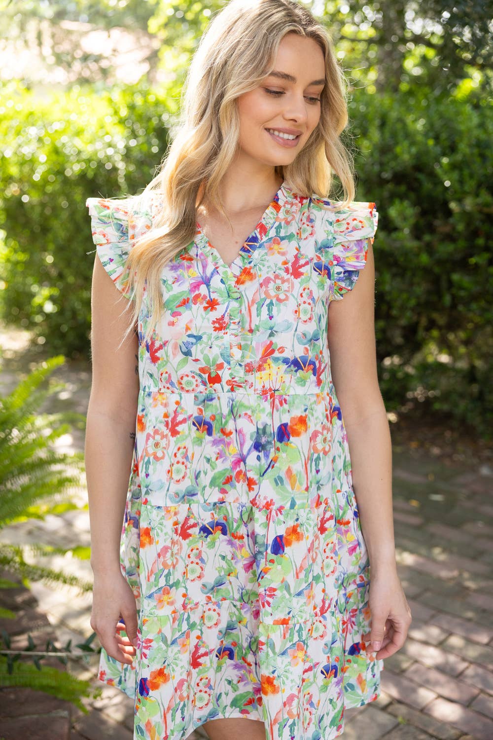 36741 Ruffle Details Tiered Floral Dress