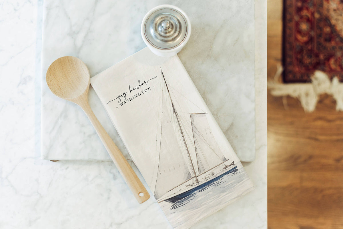 Custom Location Sailboat Tea Towel